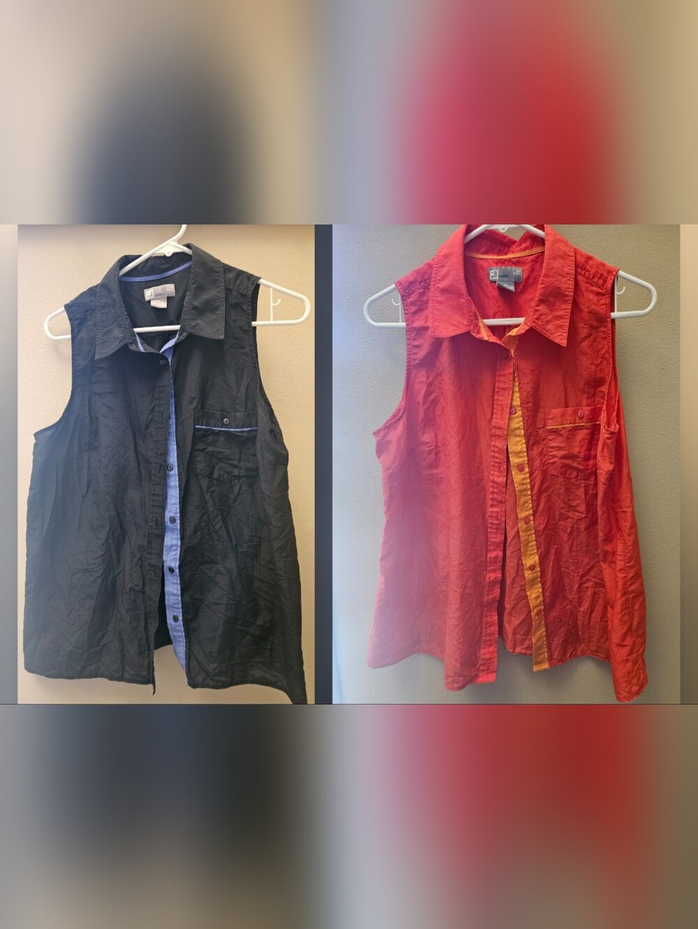 2 Sleeveless Button-Front Women's Top in Red/Coral And Navy with Contrast Trim